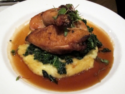 Lavender-Lemon Roasted Air-Chilled Chicken with yukon gold potato puree, sauteed greens, and lavender gastrique 