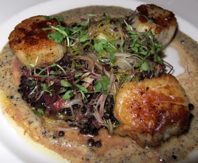 Seared Scallops with beluga lentils, beet and frisee salad, and truffle vinaigrette 