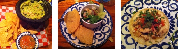 Pacifico Cantina: Chips and guacamole, shrimp ceviche, and chicken taco